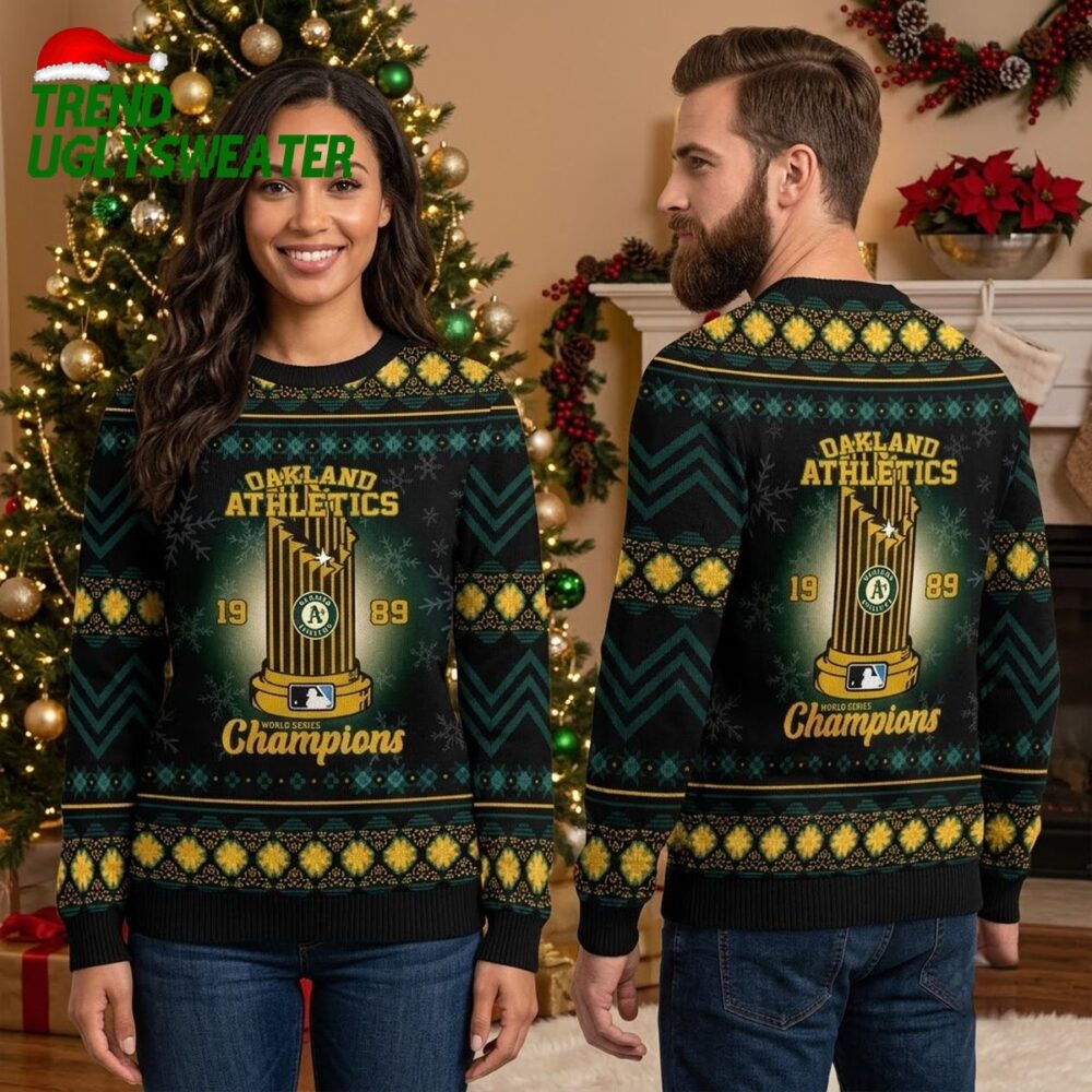 oakland athletics 1989 world series champions trophy ugly christmas sweater