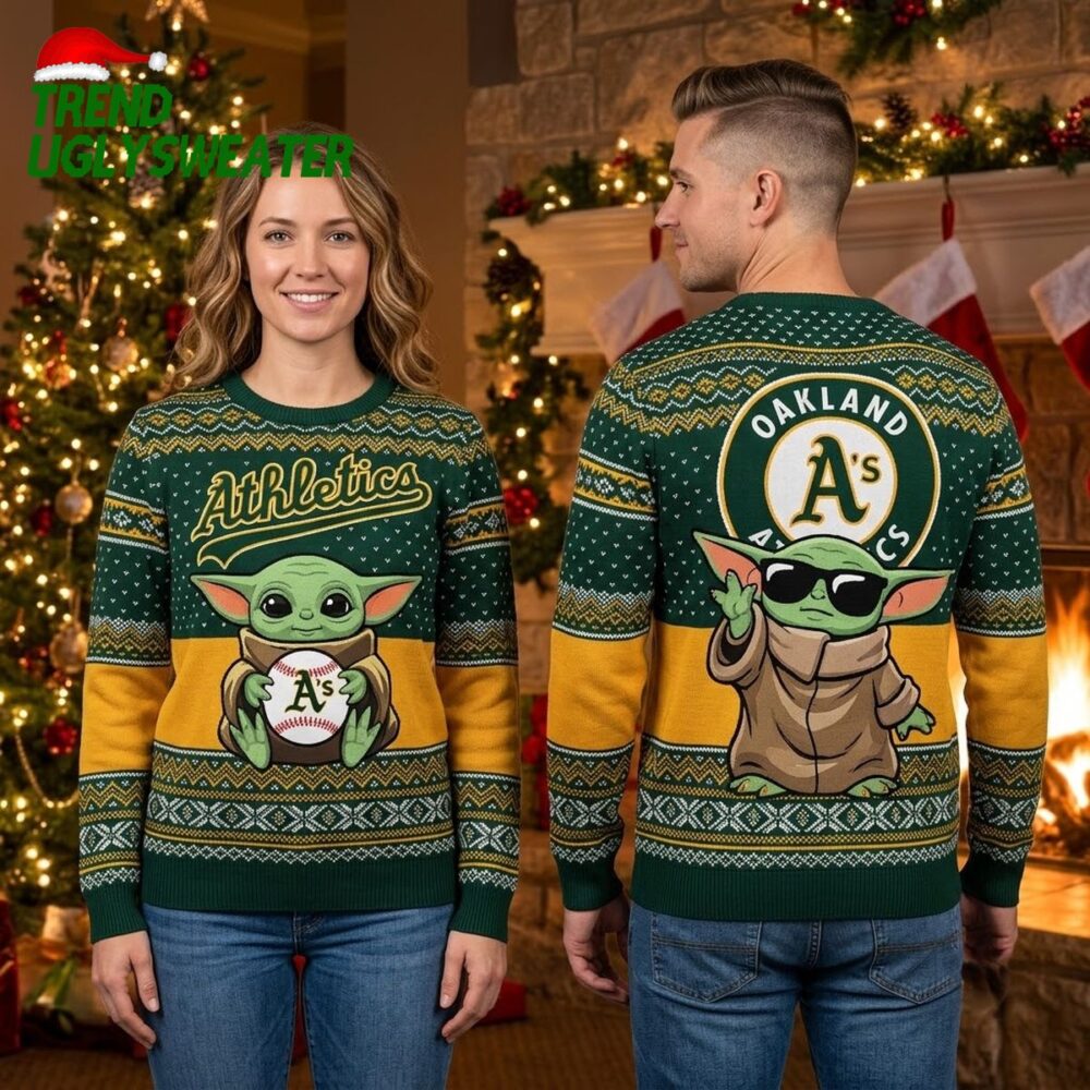 oakland athletics baby yoda holding baseball ugly christmas sweater