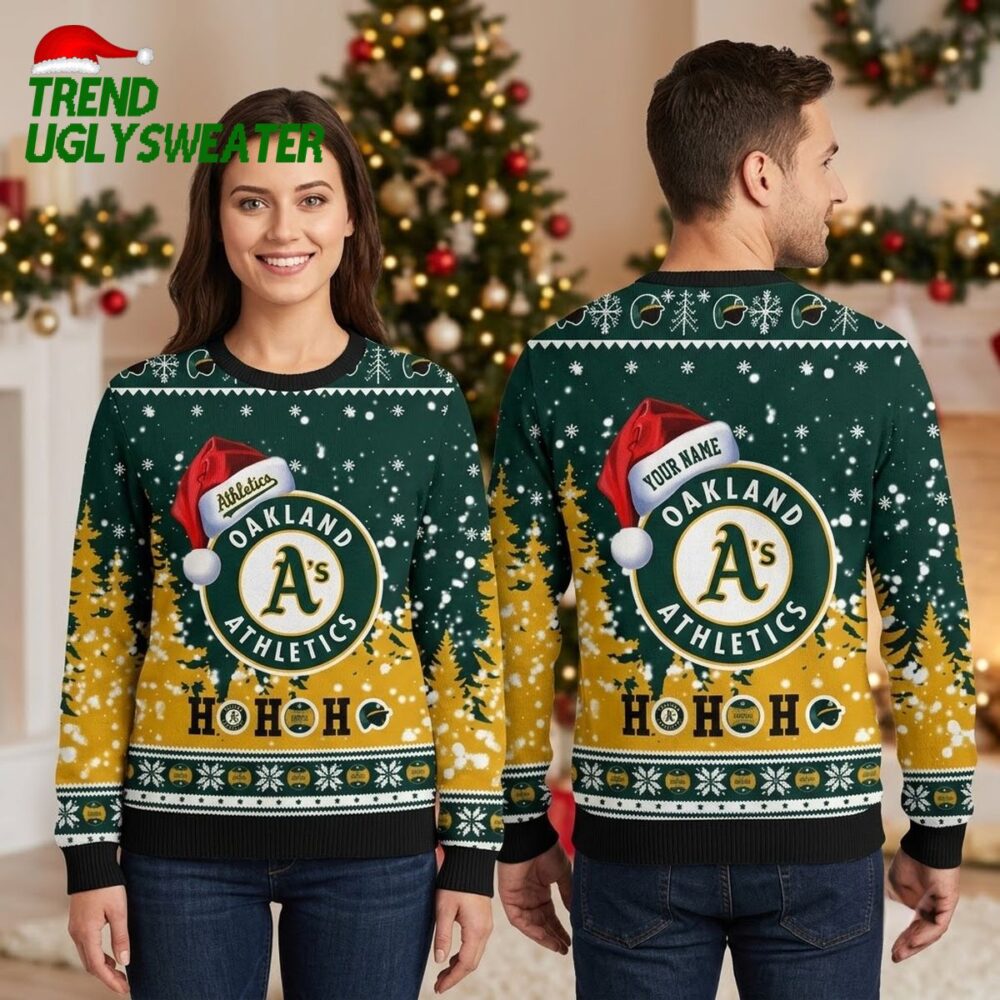 oakland athletics santa hat logo custom name ugly christmas sweater