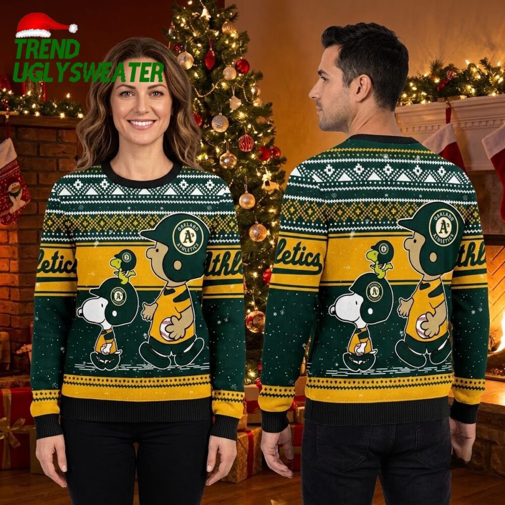 oakland athletics snoopy and woodstock christmas ugly christmas sweater