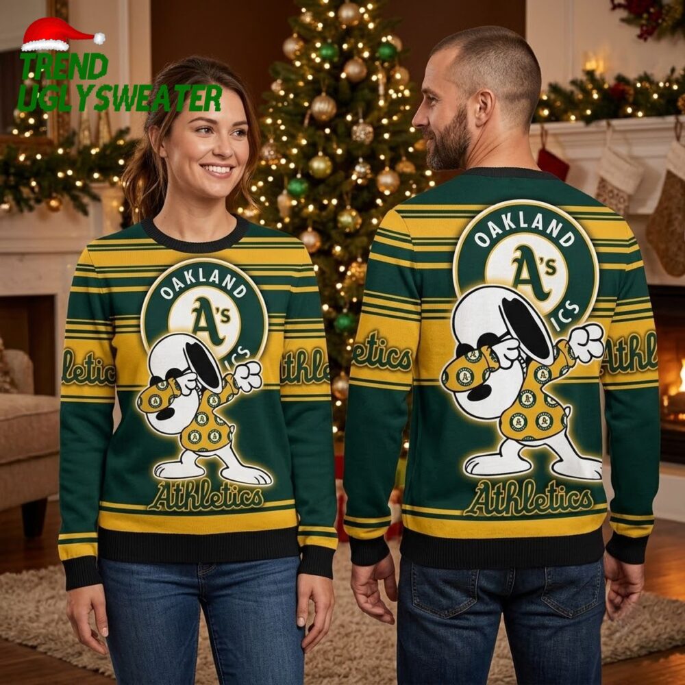 oakland athletics snoopy with a s logo ugly christmas sweater
