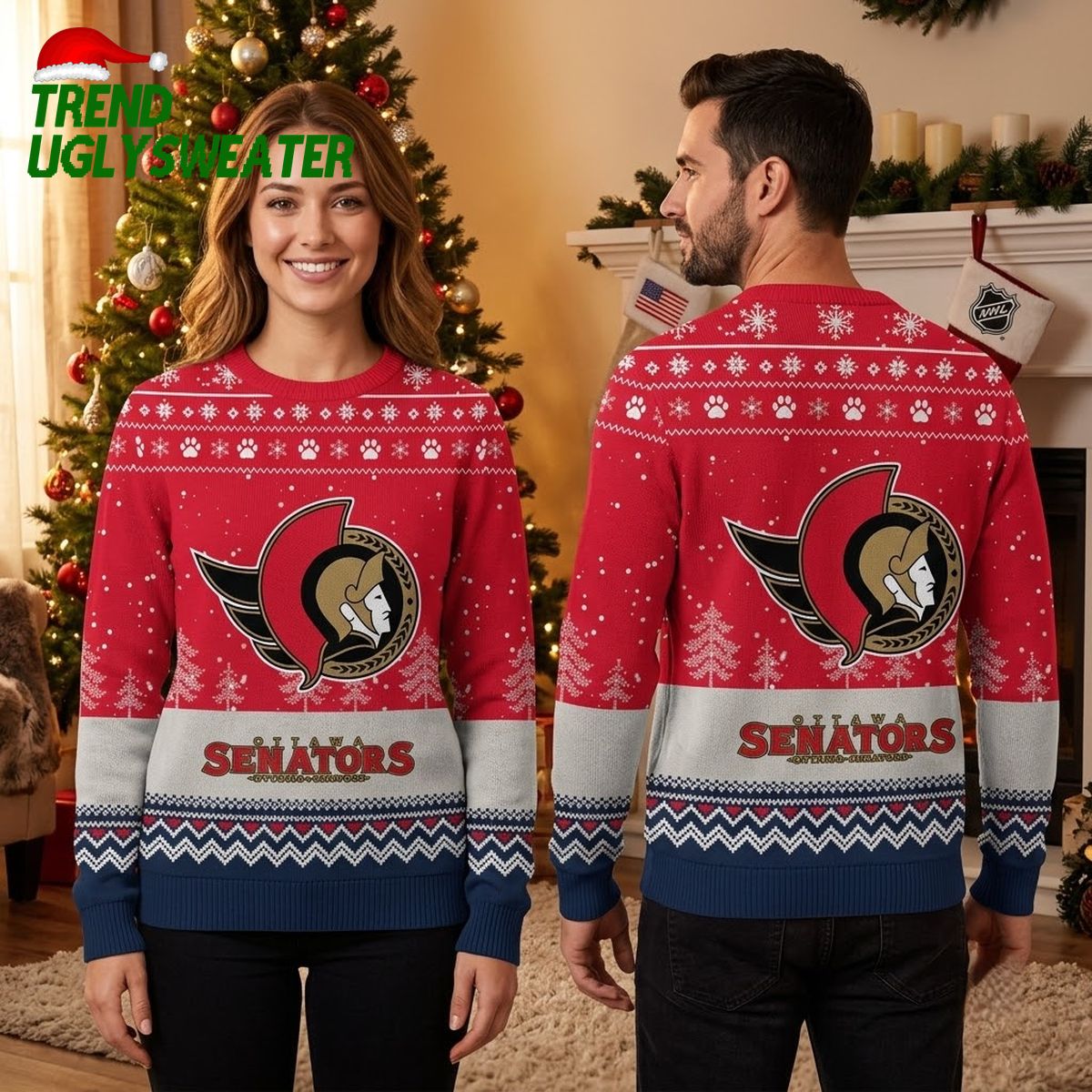 ottawa senators big logo snowflake pattern ugly christmas sweater ottawa senators big logo snowflake pattern ugly christmas sweater