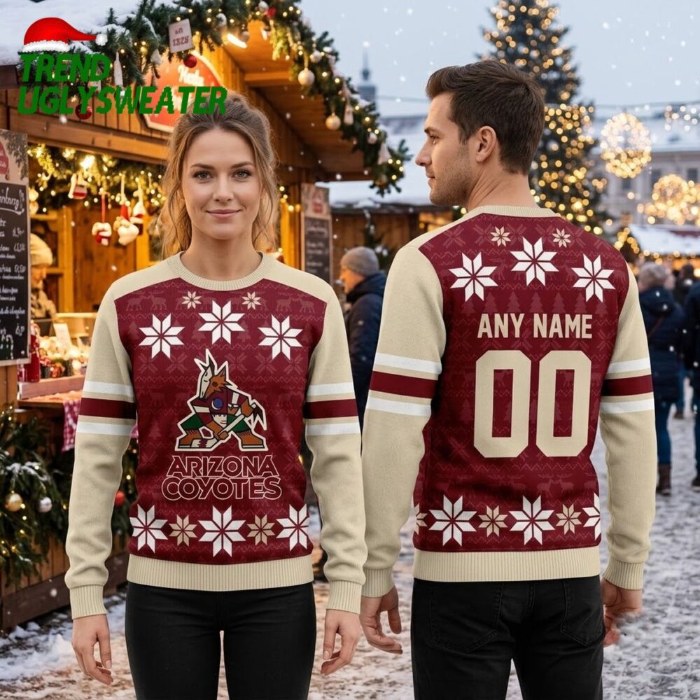 personalized arizona coyotes snowflake logo custom name and number ugly christmas sweater