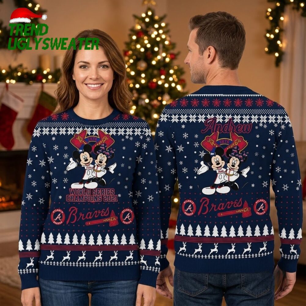 personalized atlanta braves mickey and minnie 2021 world series champions ugly christmas s