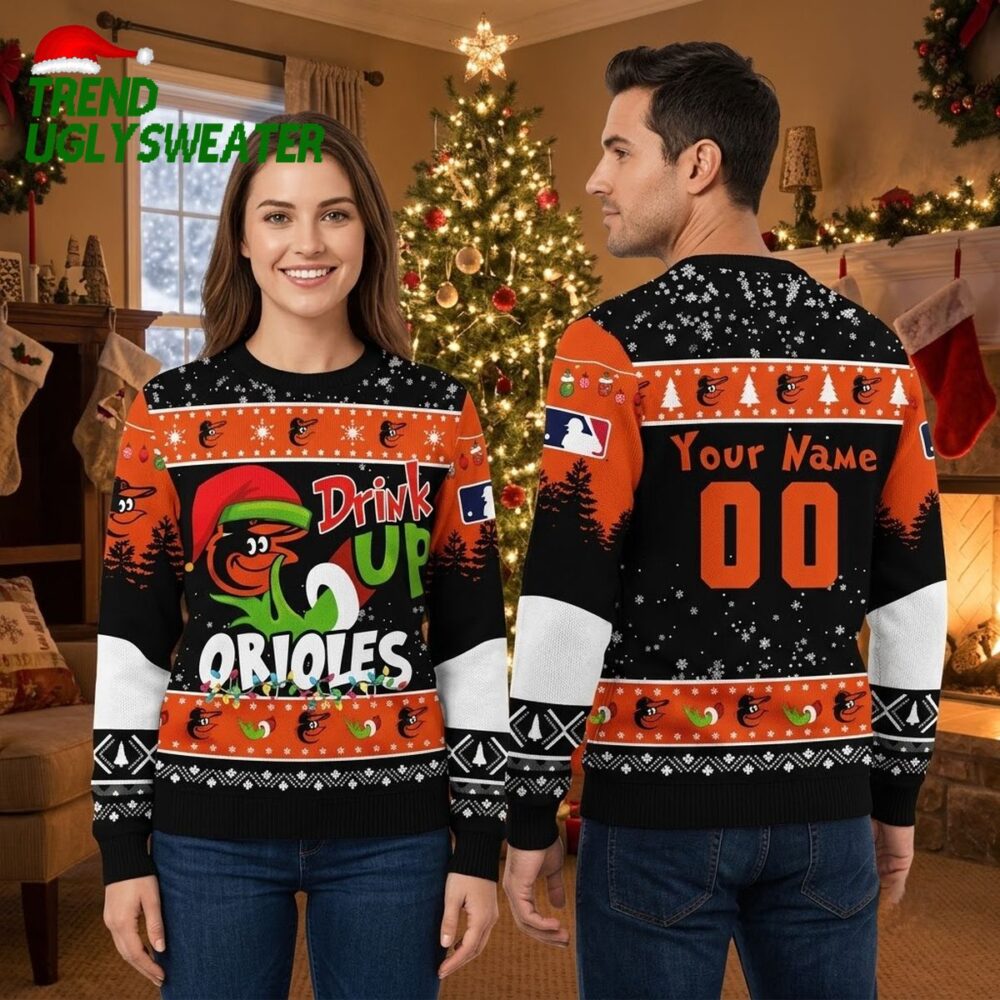personalized baltimore orioles drink up oriole bird custom name and number ugly christmas