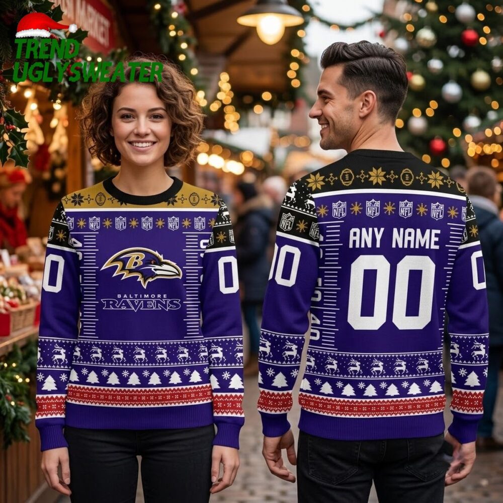 personalized baltimore ravens custom name and number ugly christmas sweater