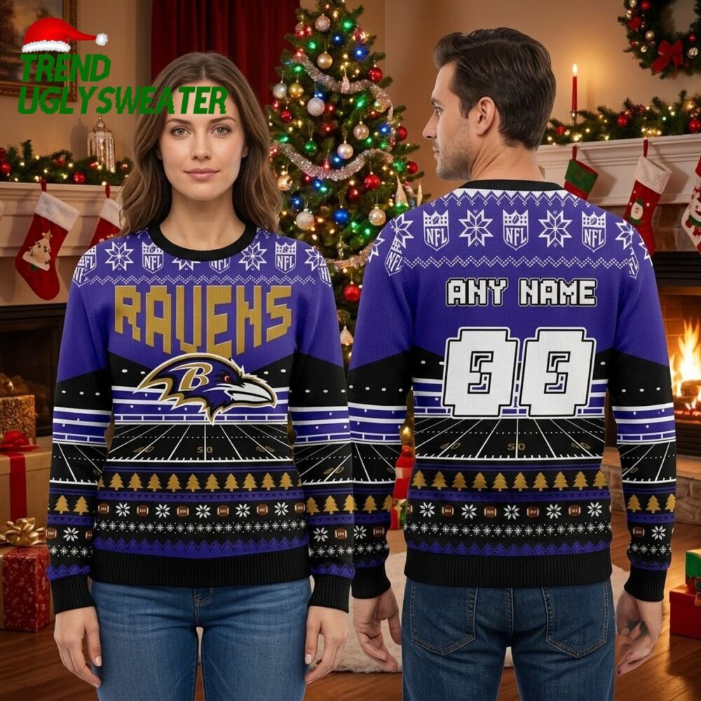 personalized baltimore ravens football field custom name and number ugly christmas sweater