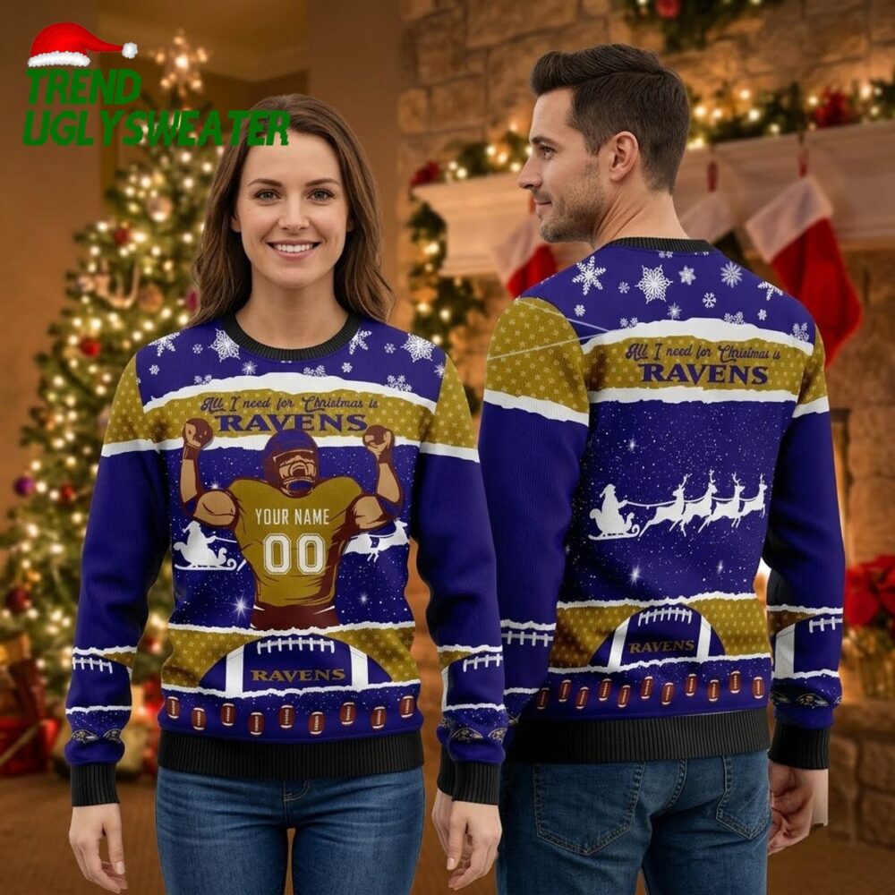 personalized baltimore ravens football player custom name and number ugly christmas sweate