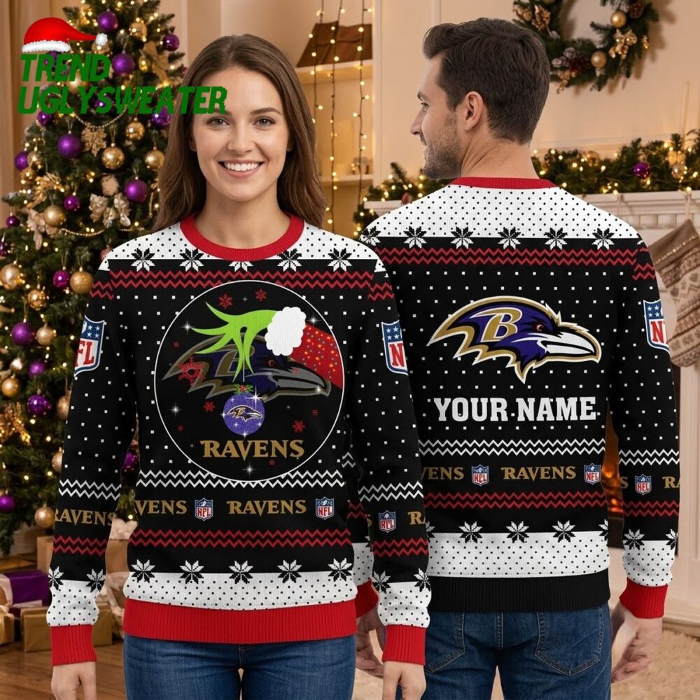 personalized baltimore ravens grinch hands custom name ugly christmas sweater