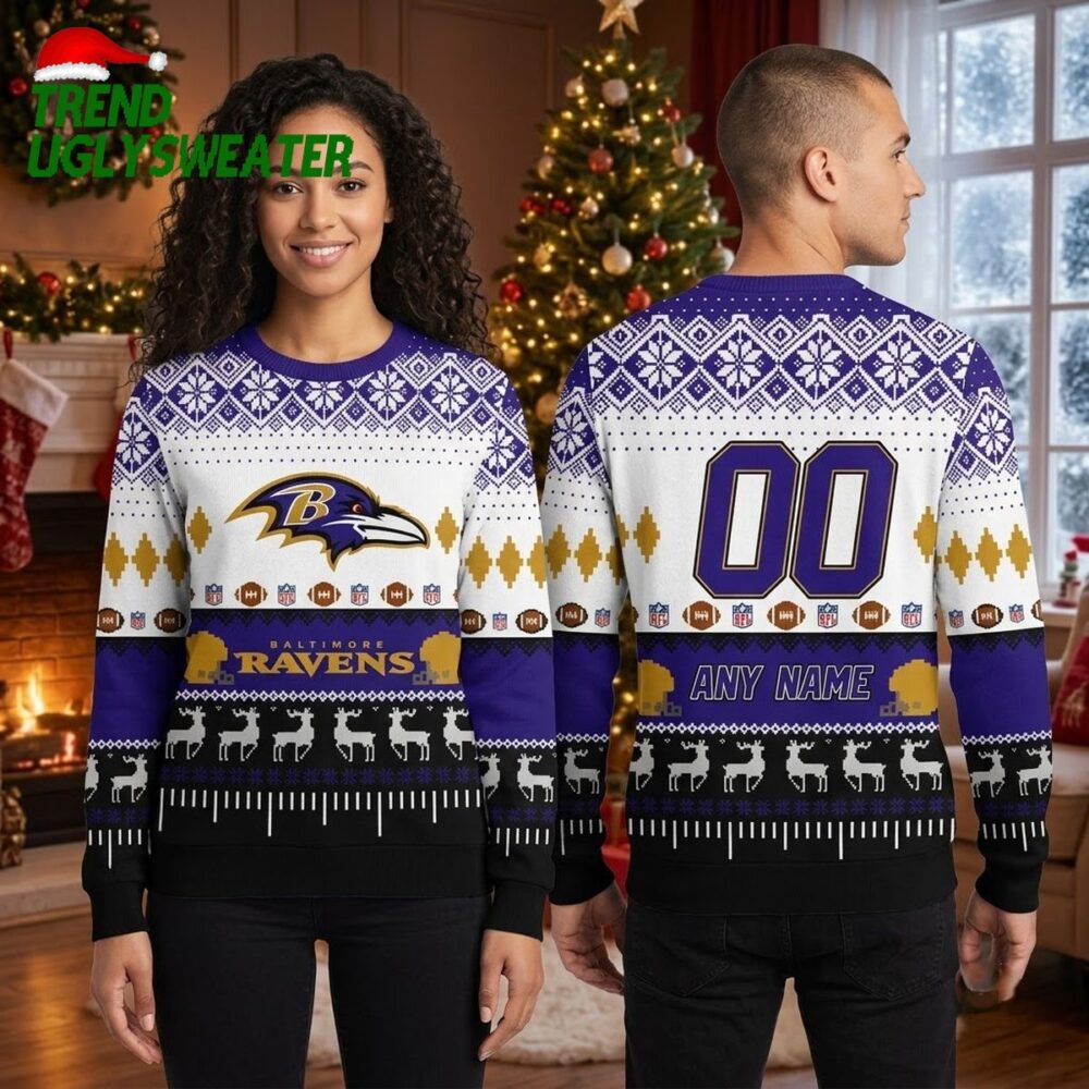 personalized baltimore ravens playing field custom name and number ugly christmas sweater
