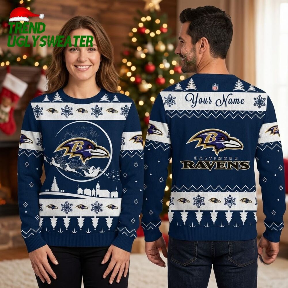 personalized baltimore ravens santa sleigh custom name ugly christmas sweater