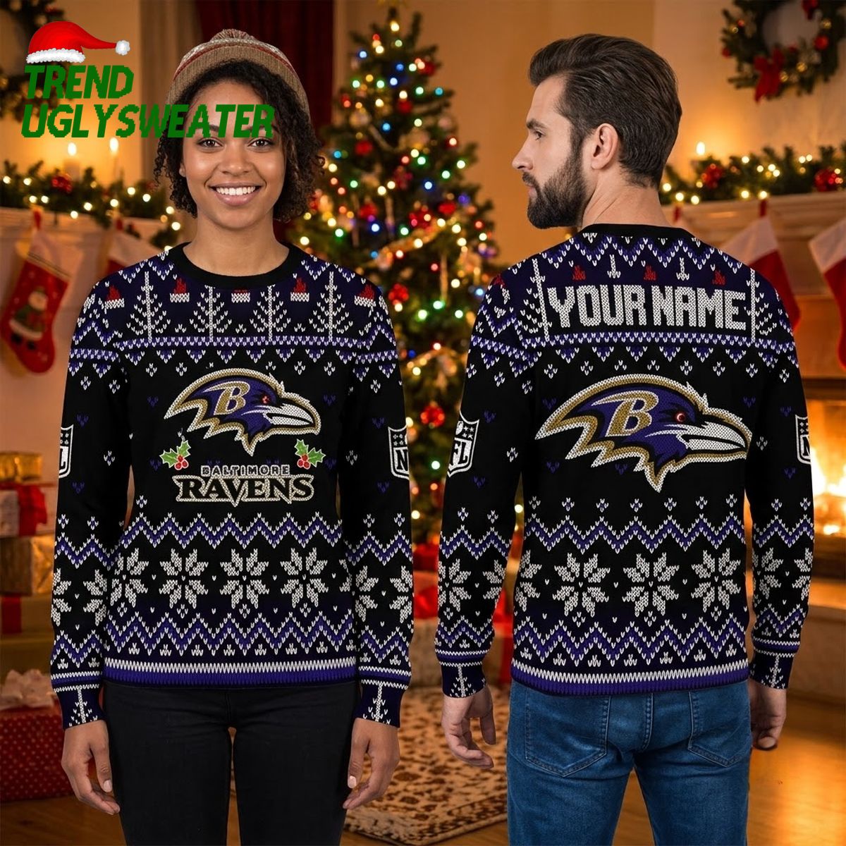 personalized baltimore ravens snowflake logo custom name ugly christmas sweater personalized baltimore ravens snowflake logo custom name ugly christmas sweater