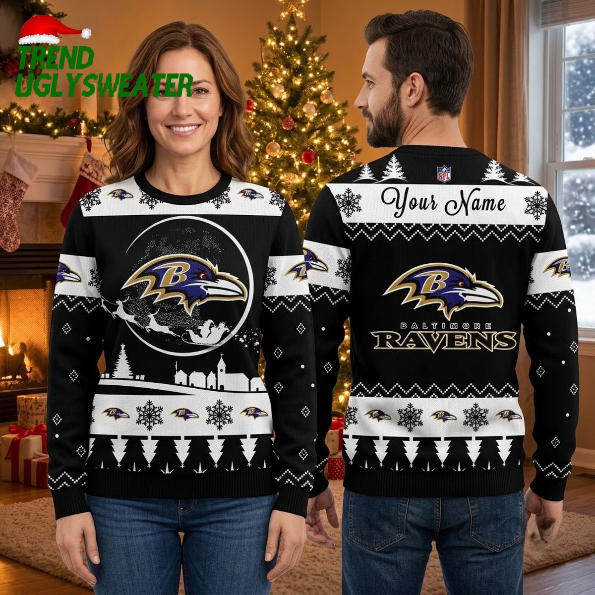 personalized baltimore ravens snowy sleigh logo custom name ugly christmas sweater personalized baltimore ravens snowy sleigh logo custom name ugly christmas sweater