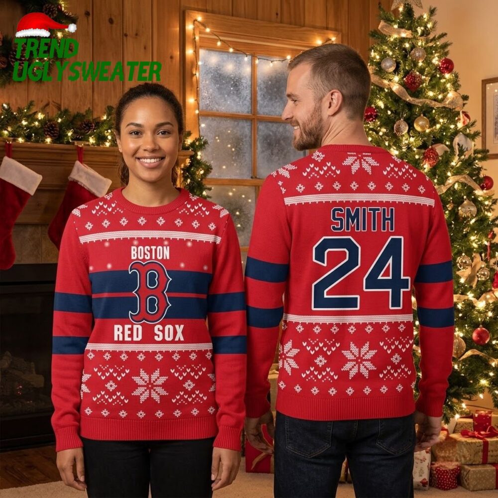 personalized boston red sox logo custom name and number christmas snowflake pattern ugly c
