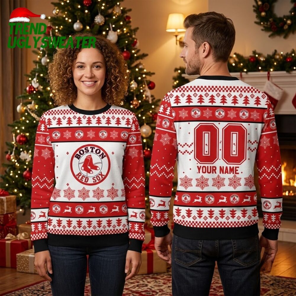 personalized boston red sox logo custom name and number red and white christmas pattern ug