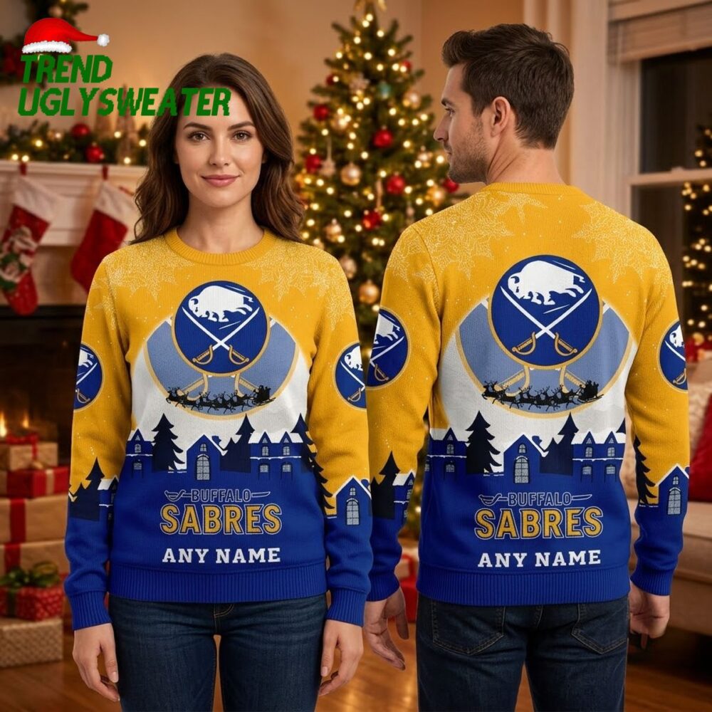personalized buffalo sabres santa sleigh custom name ugly christmas sweater