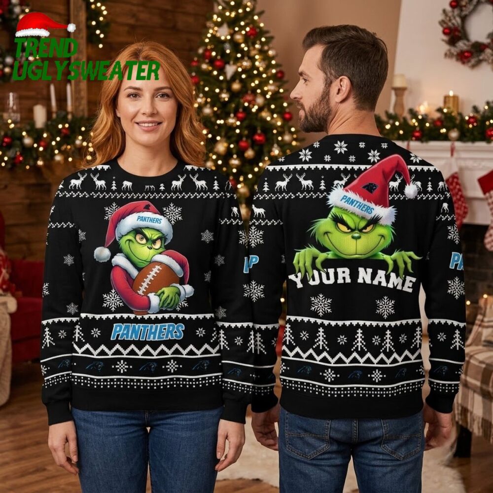 personalized carolina panthers grinch football custom name ugly christmas sweater