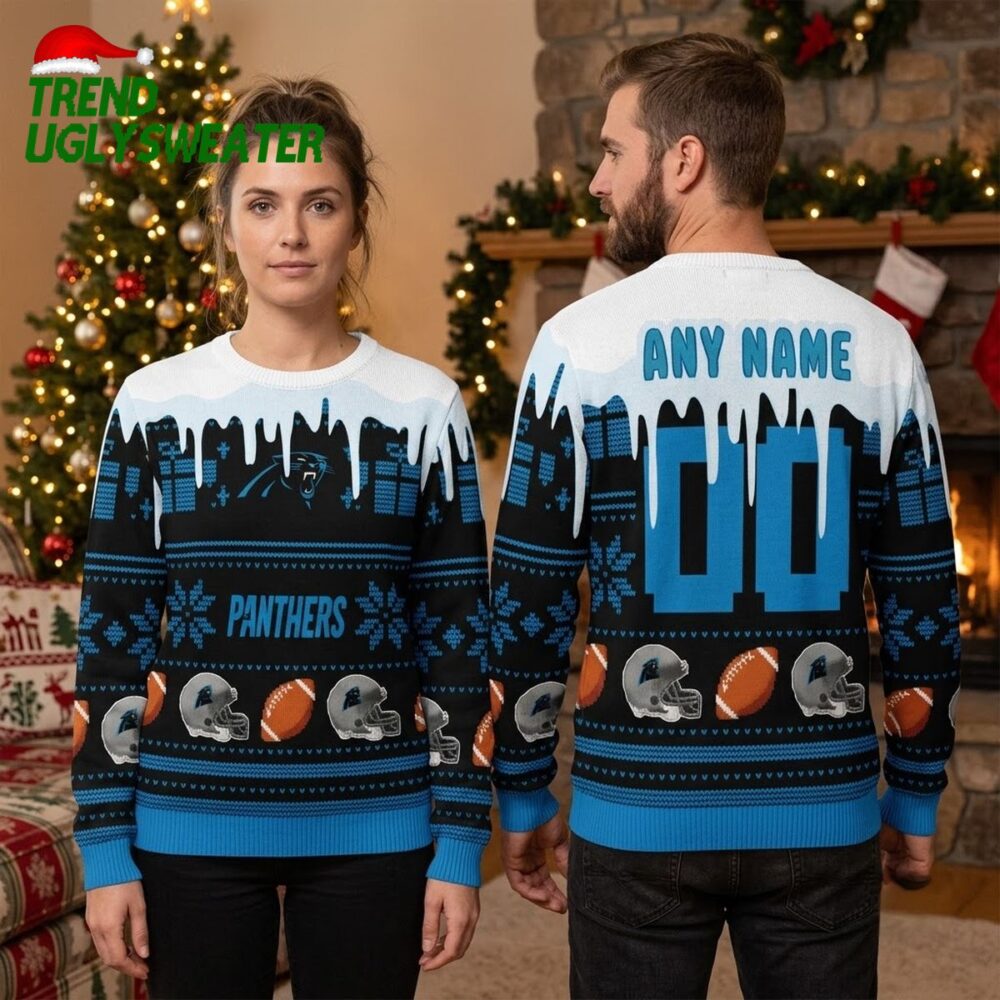 personalized carolina panthers icy drip custom name and number ugly christmas sweater