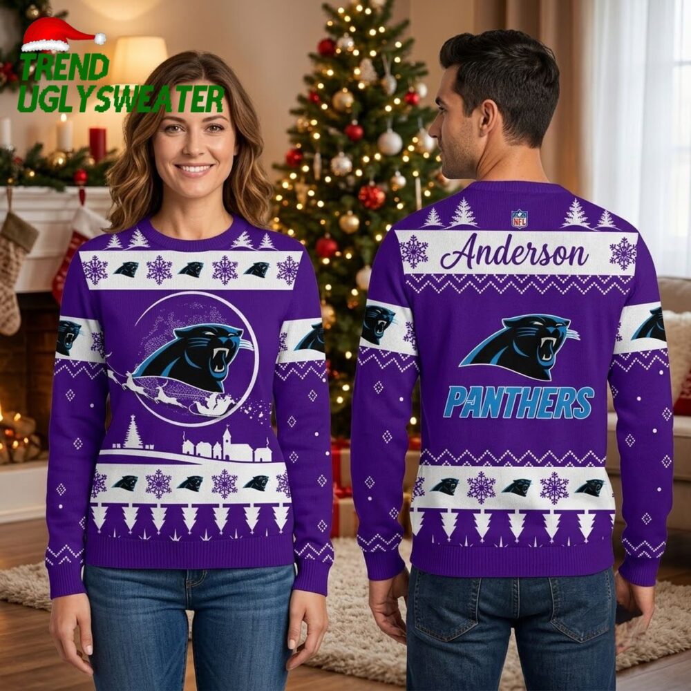 personalized carolina panthers snowflake custom name ugly christmas sweater