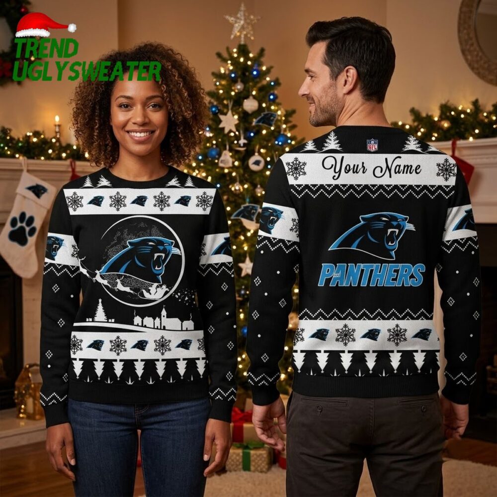 personalized carolina panthers snowflake pattern custom name ugly christmas sweater