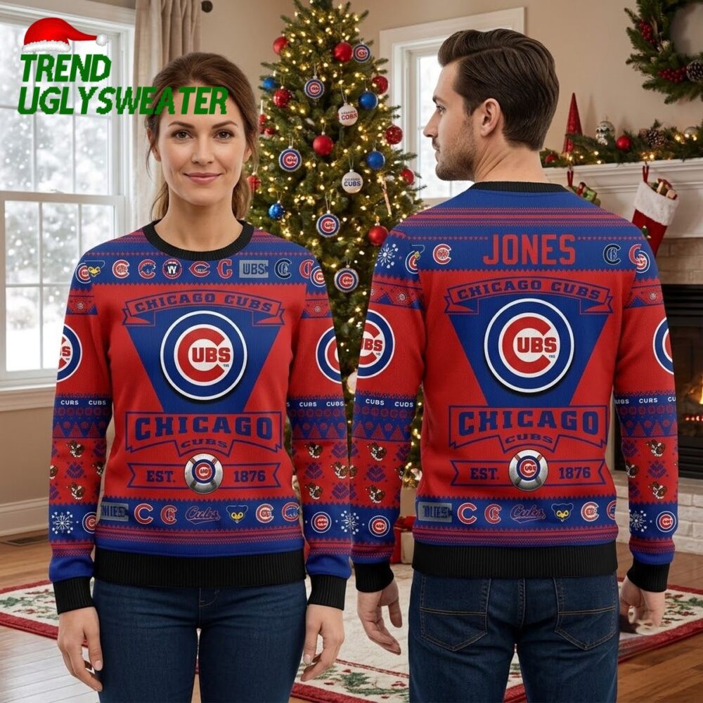 personalized chicago cubs vintage logo custom name ugly christmas sweater
