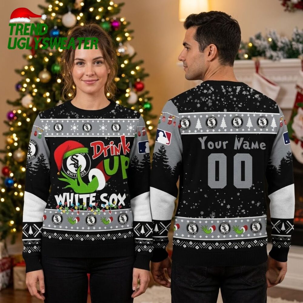 personalized chicago white sox grinch drink up custom name and number ugly christmas sweat