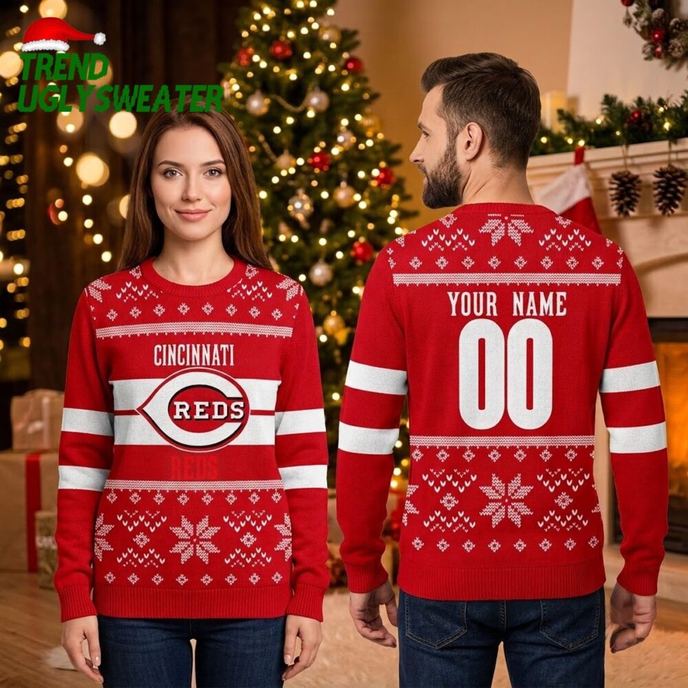 personalized cincinnati reds logo snowflake ugly christmas sweater