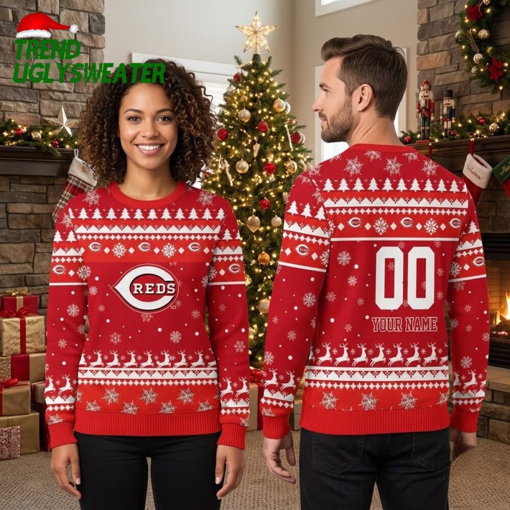 personalized cincinnati reds snowflake pattern custom name and number ugly christmas sweat