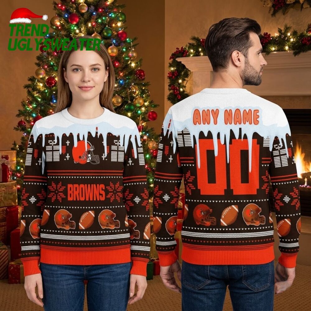 personalized cleveland browns football helmet custom name ugly christmas sweater