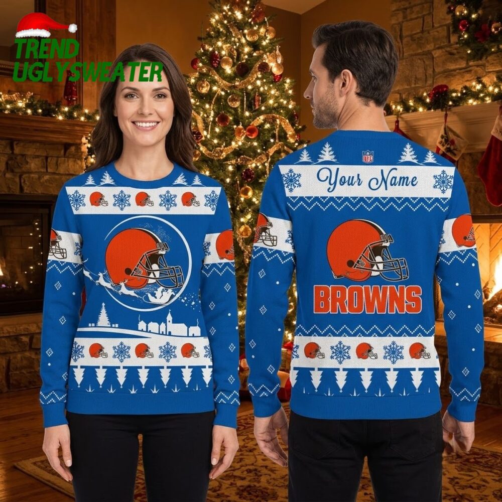 personalized cleveland browns football helmet with custom name ugly christmas sweater