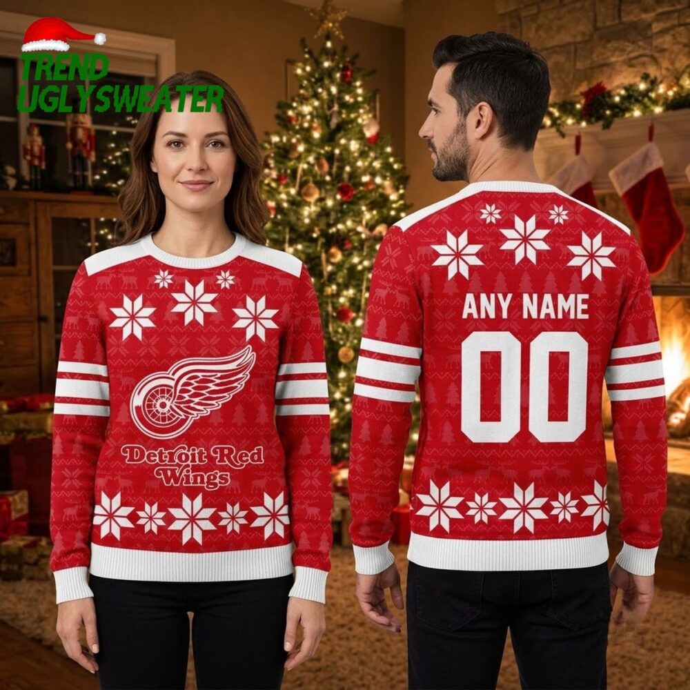 personalized detroit red wings snowflake custom name and number ugly christmas sweater