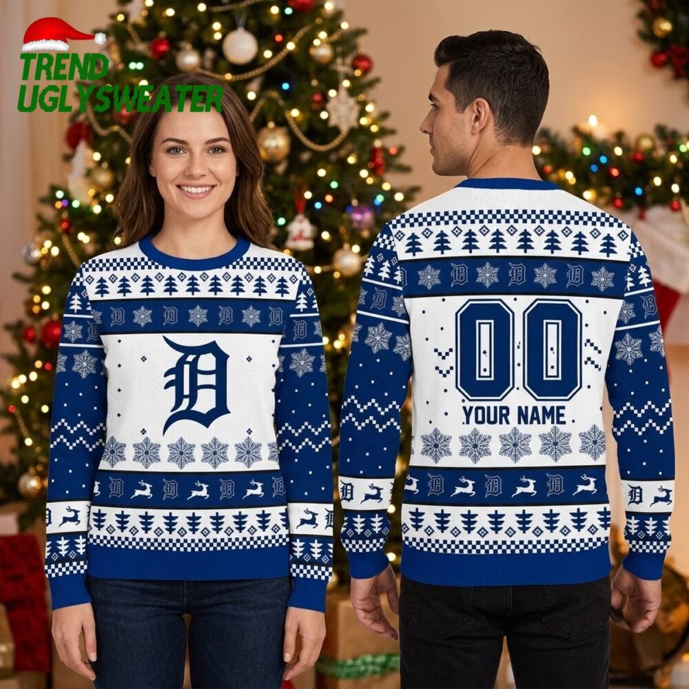 personalized detroit tigers old english d custom name and number ugly christmas sweater