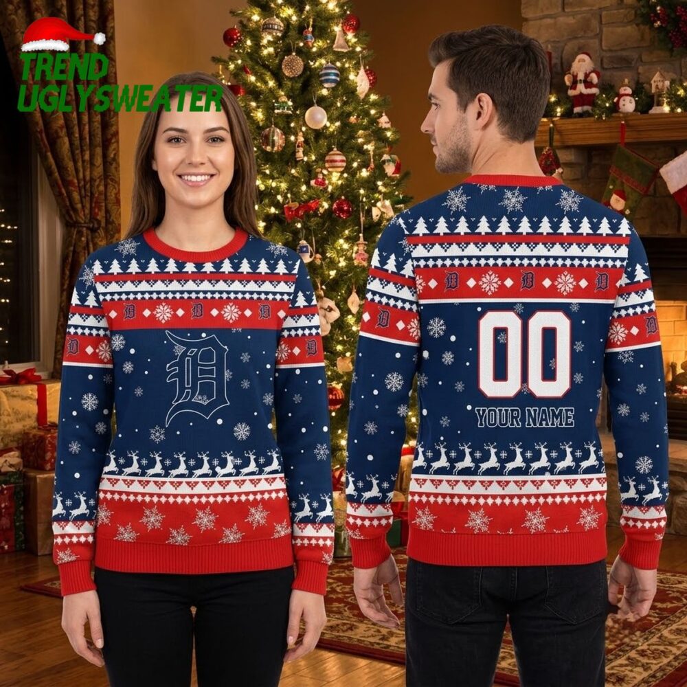 personalized detroit tigers reindeer pattern custom name and number ugly christmas sweater