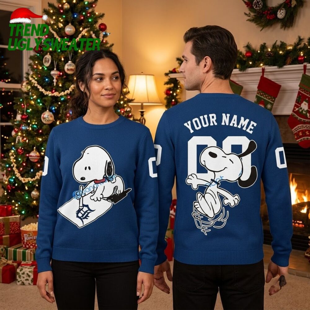 personalized detroit tigers snoopy skating custom name and number ugly christmas sweater