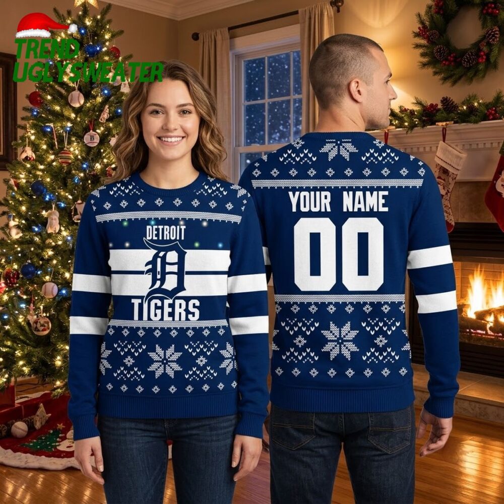 personalized detroit tigers snowflake pattern custom name and number ugly christmas sweate