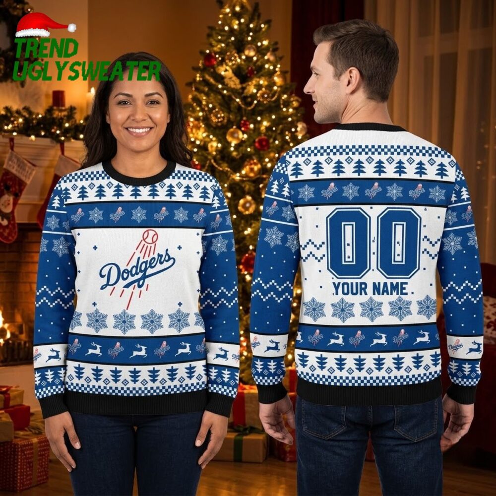personalized dodgers baseball logo custom name and number ugly christmas sweater