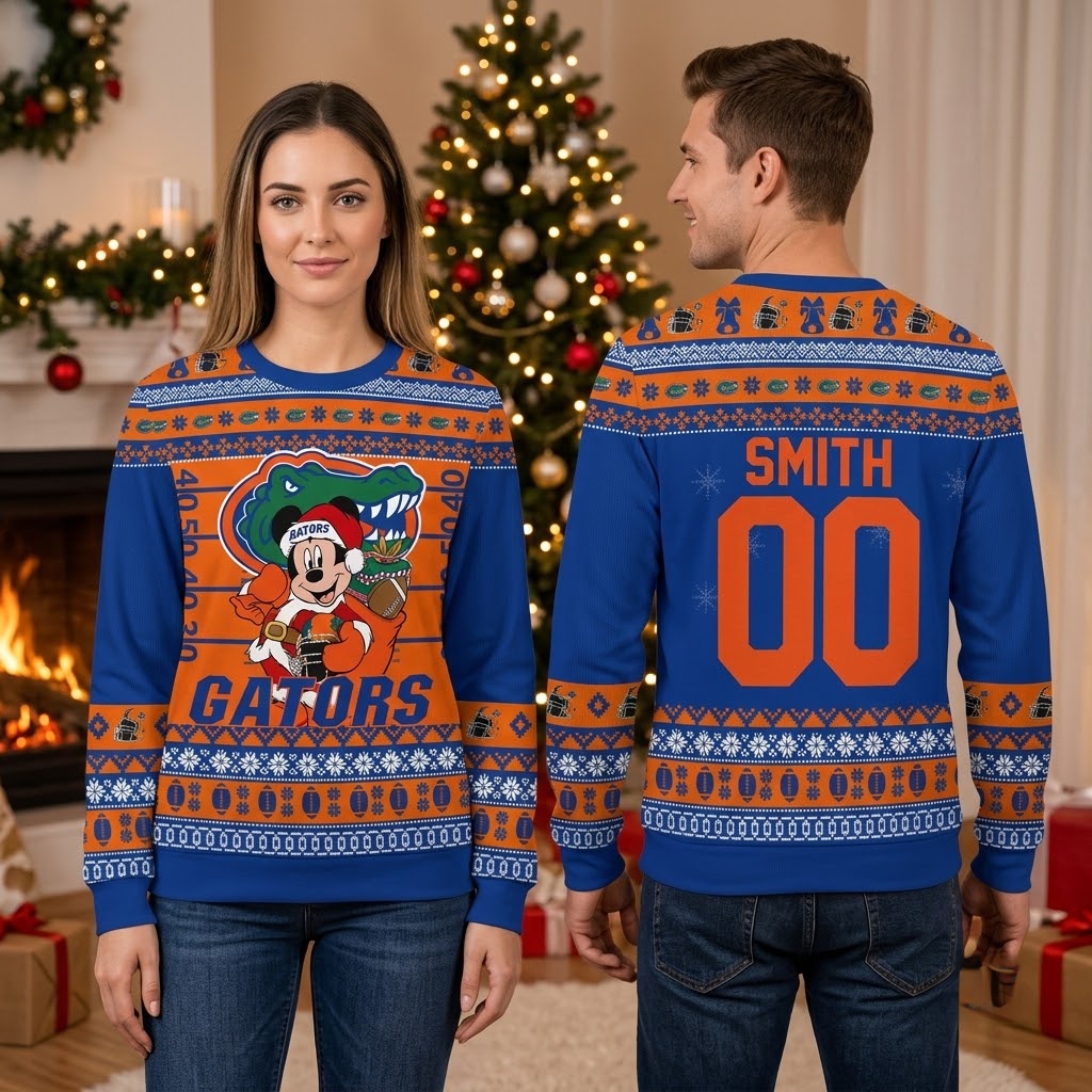 personalized florida gators mickey mouse santa custom name and number ugly christmas sweat personalized florida gators mickey mouse santa custom name and number ugly christmas sweat