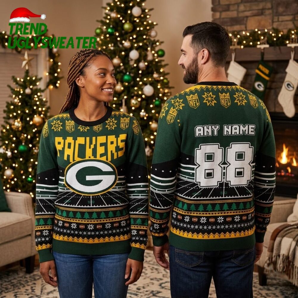 personalized green bay packers football field custom name and number 88 ugly christmas swe