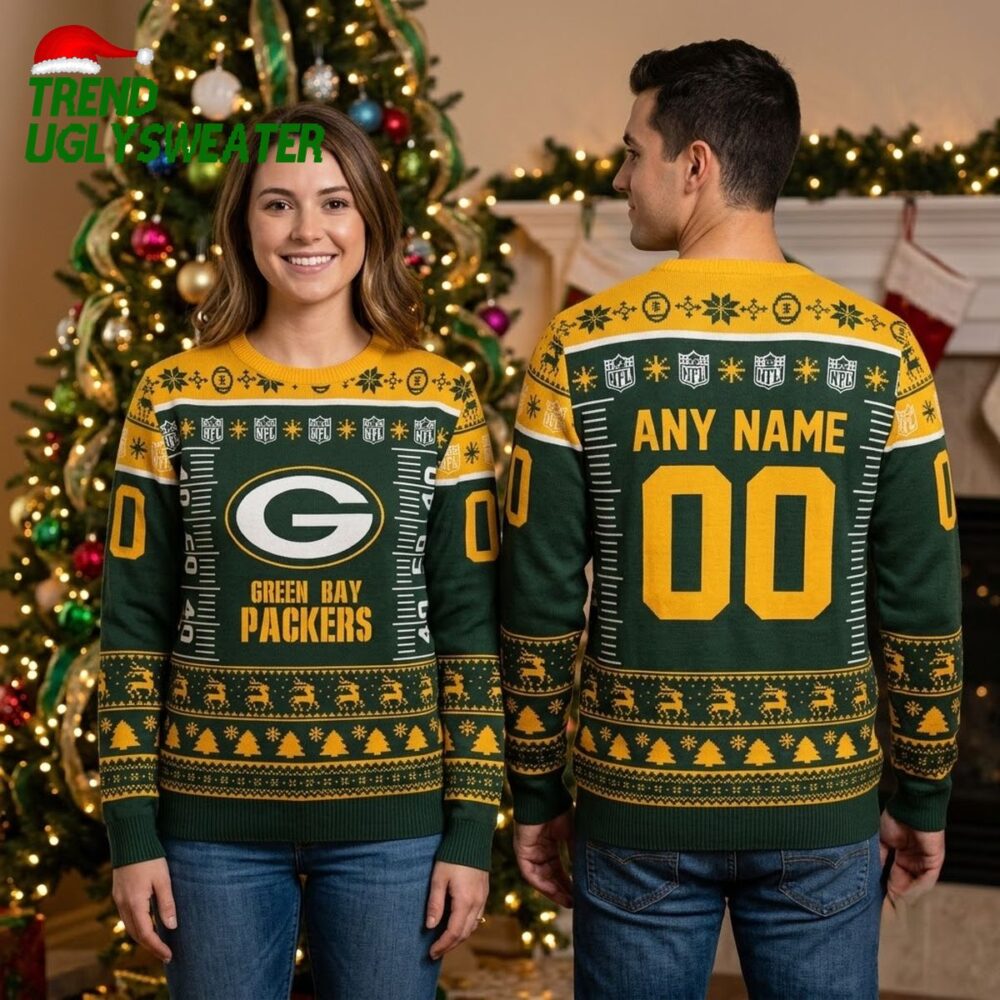personalized green bay packers football field custom name and number ugly christmas sweate