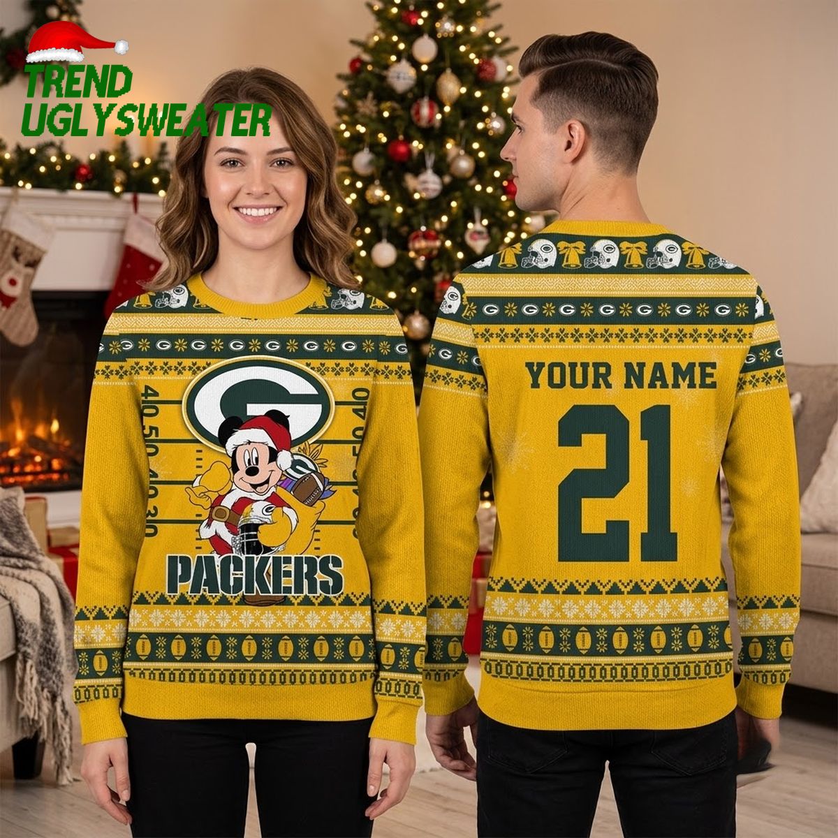 personalized green bay packers mickey santa custom name and number ugly christmas sweater personalized green bay packers mickey santa custom name and number ugly christmas sweater