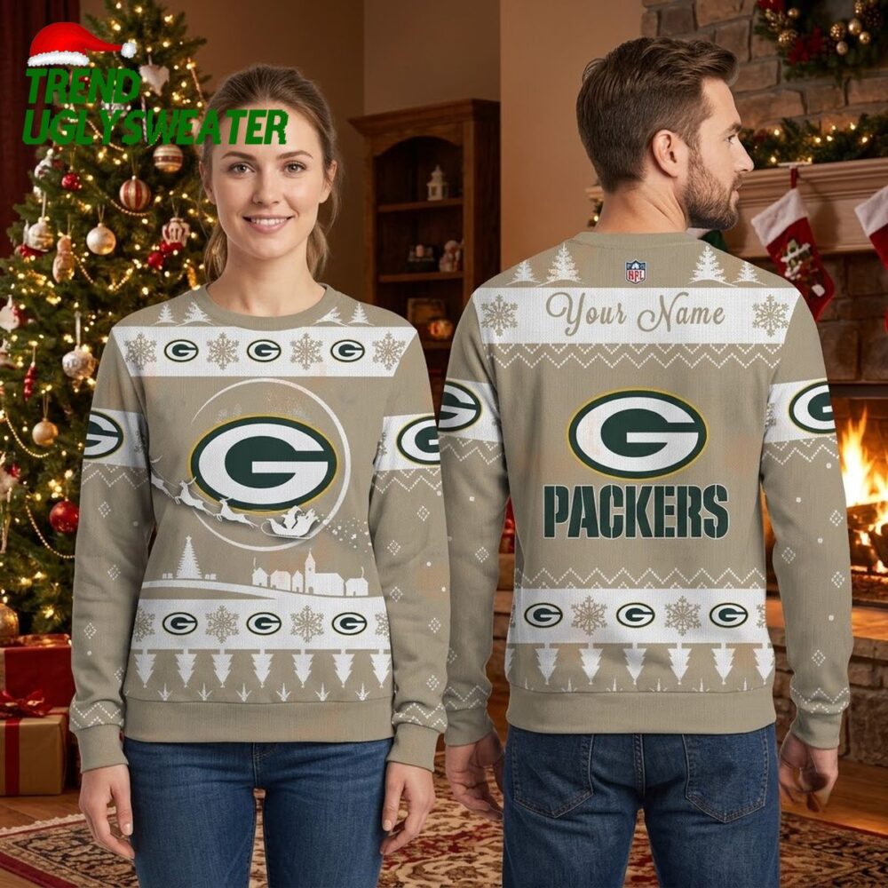 personalized green bay packers santa sleigh custom name ugly christmas sweater
