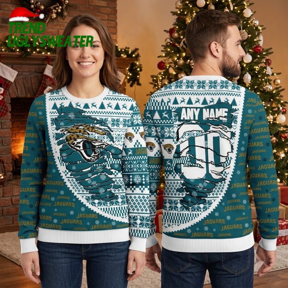 personalized jacksonville jaguars jaguar head custom name ugly christmas sweater