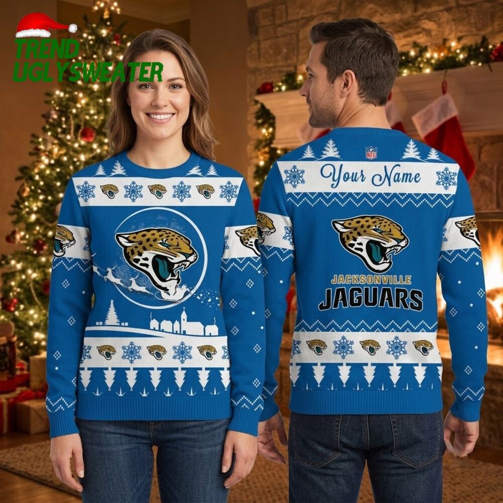 personalized jacksonville jaguars jaguar logo snowflake custom name ugly christmas sweater