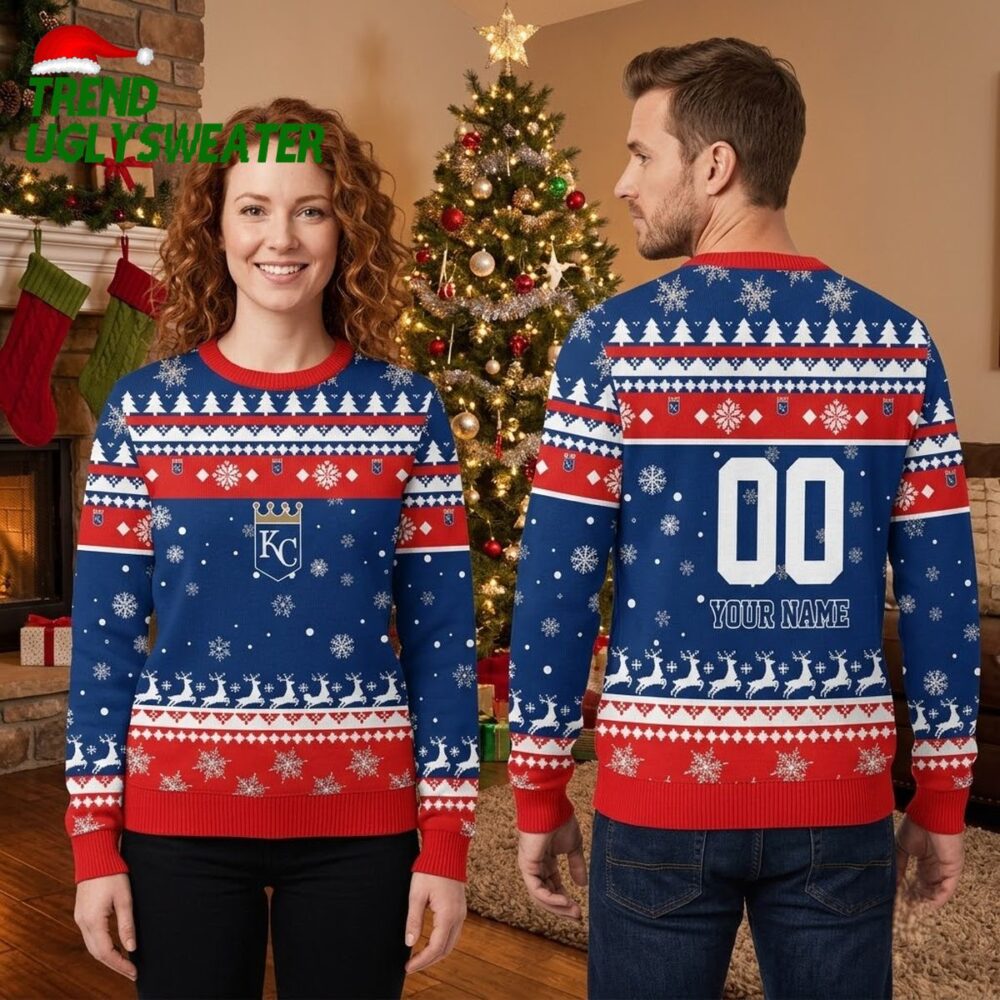 personalized kansas city royals crown logo custom name and number ugly christmas sweater