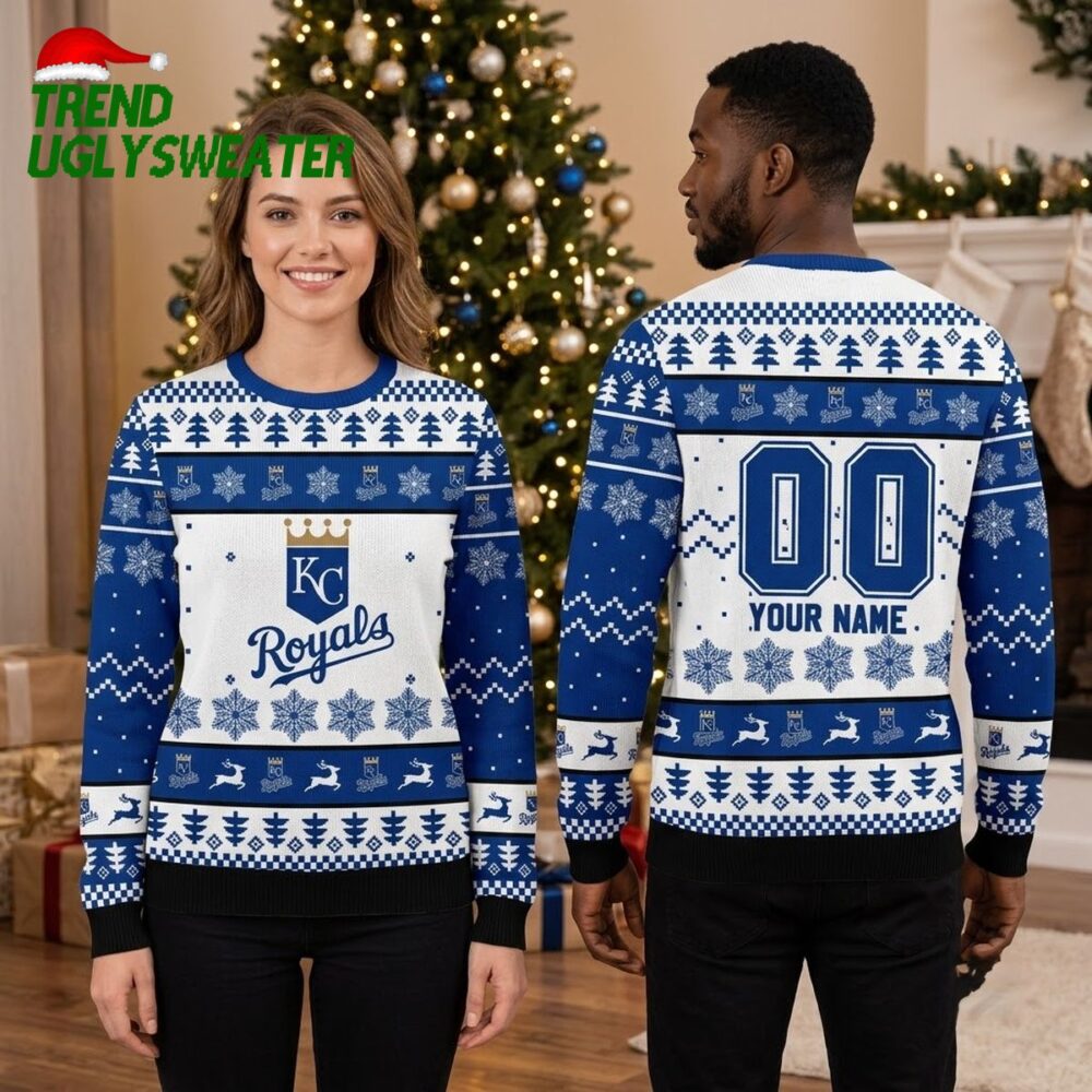 personalized kc royals snowflake custom name and number ugly christmas sweater
