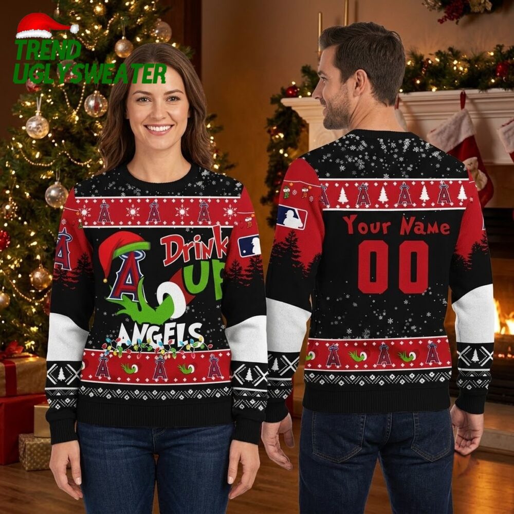 personalized los angeles angels grinch drink up custom name and number ugly christmas swea