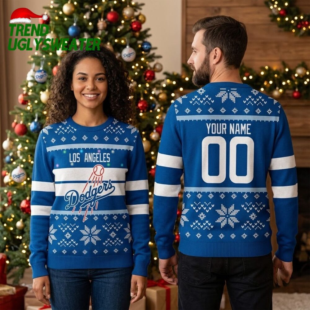 personalized los angeles dodgers baseball snowflake name and number ugly christmas sweater