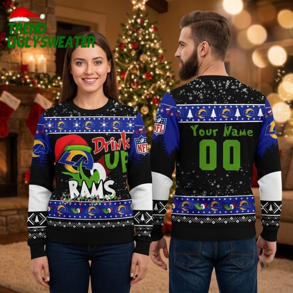 personalized los angeles rams grinch drink up custom name and number ugly christmas sweate