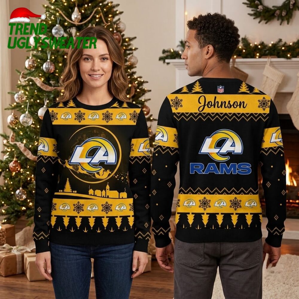 personalized los angeles rams logo custom name black ugly christmas sweater