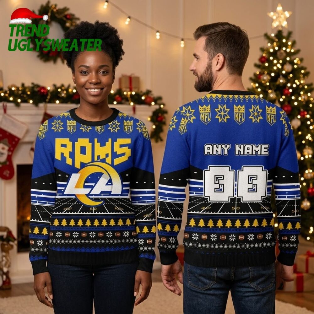 personalized los angeles rams stadium field custom name and number ugly christmas sweater